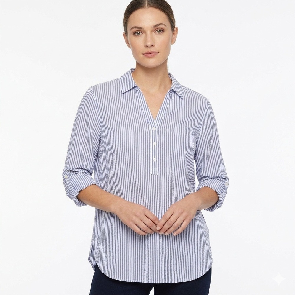 NYDJ Blouse‎ Womens XL Blue White Striped Seersucker Henley Roll Tab Shirt Top
